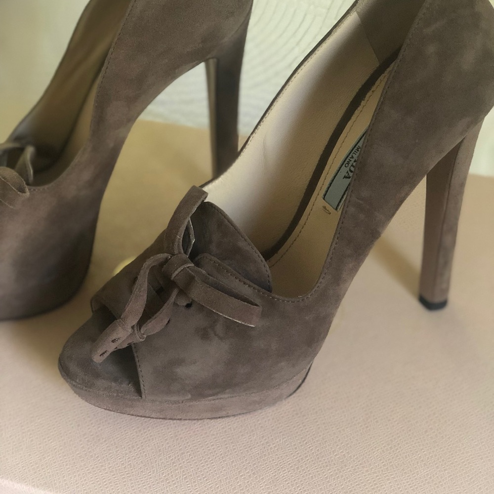 Prada tan suede platform heels